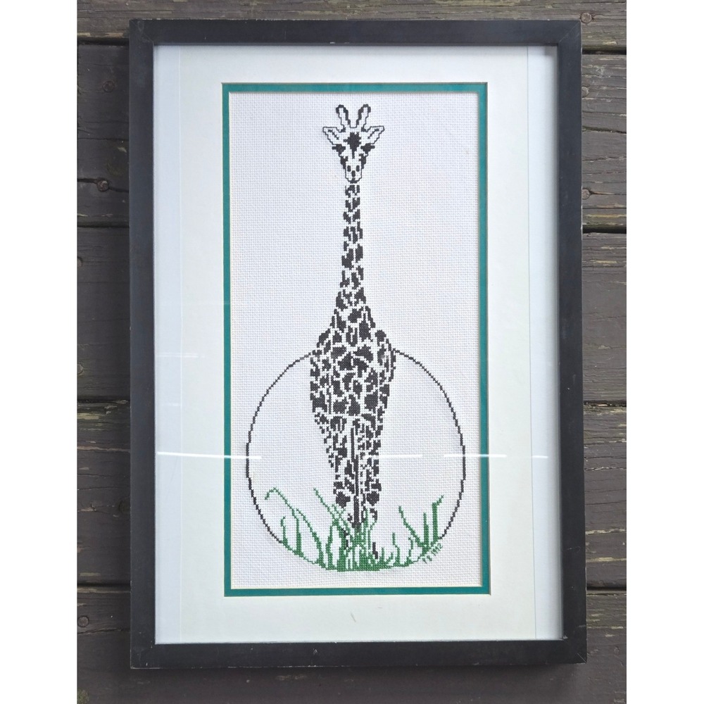 Vintage Framed Giraffe Counted Cross Stitch Wall Art 14x20